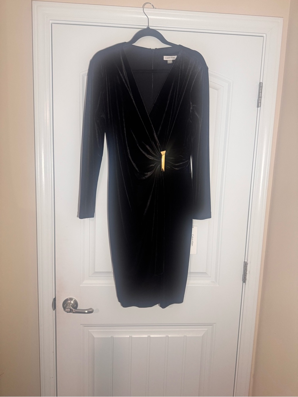 Classic Black Velvet Twist-Front Midi Dress